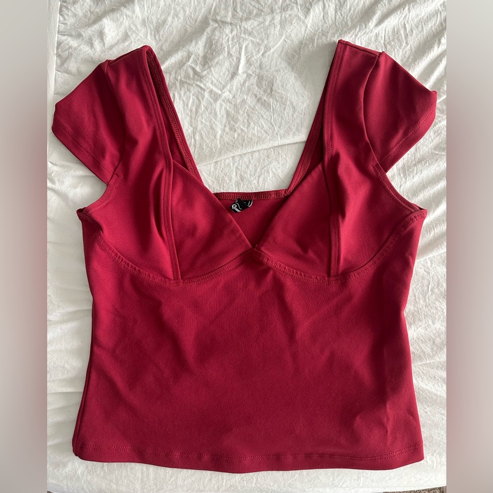 Fitted Red Bustier Blouse with Cap Sleeves